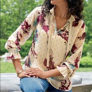 NWT Soft Surroundings Primrose Sheer Cream Floral Gold Neck Tie Blouse Sz M